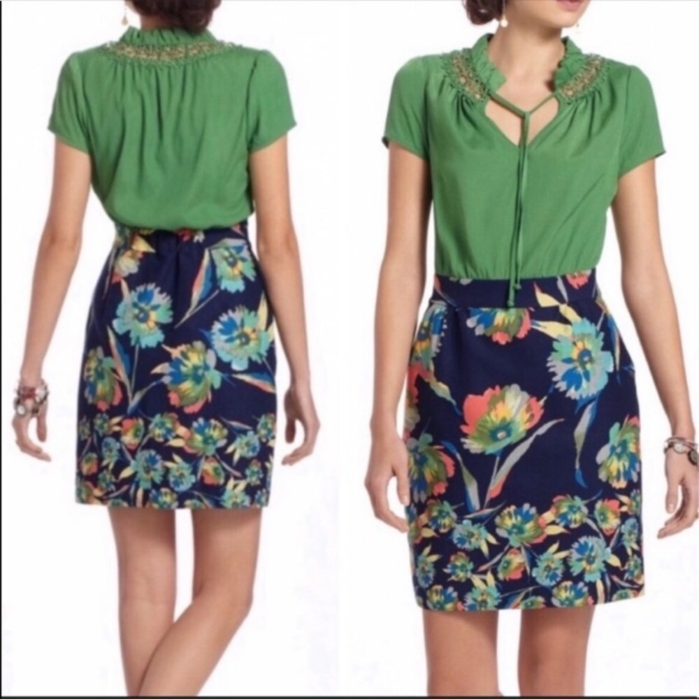 Anthropologie Green Blouse with Navy Floral Skirt